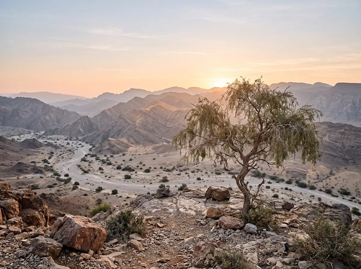 Sunrise over the wadi and the Hajar foothills from the viewpoint