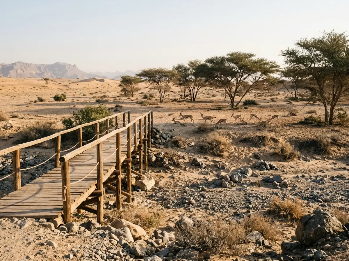 A wooden footbridge over the wadi with gazelles grazing beyond