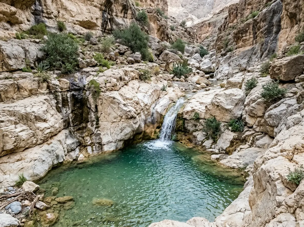 A seasonal waterfall pouring into a rock pool in a mountain wadi
