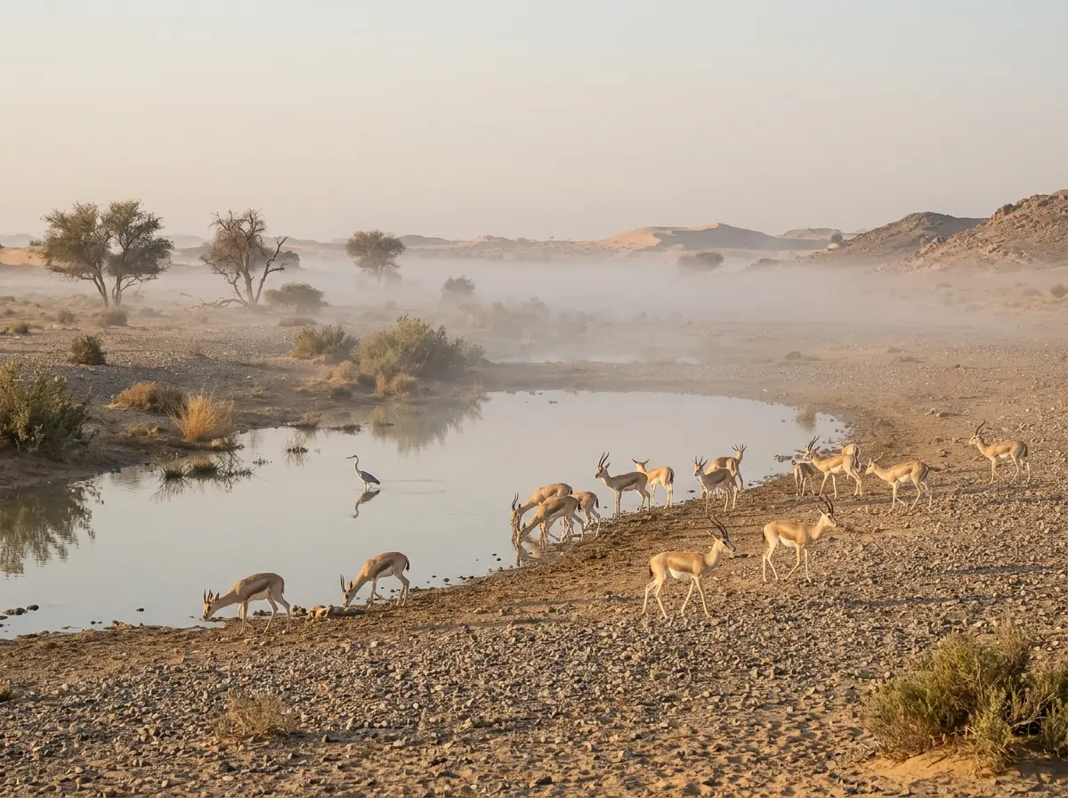 Sand gazelles at dawn beside a seasonal desert pool