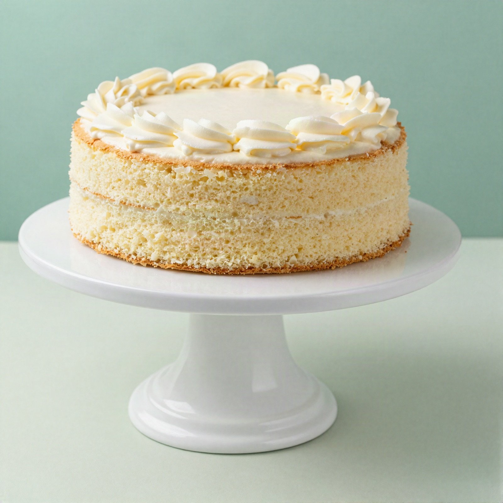 Vanilla sponge cake with cream frosting on a white cake stand