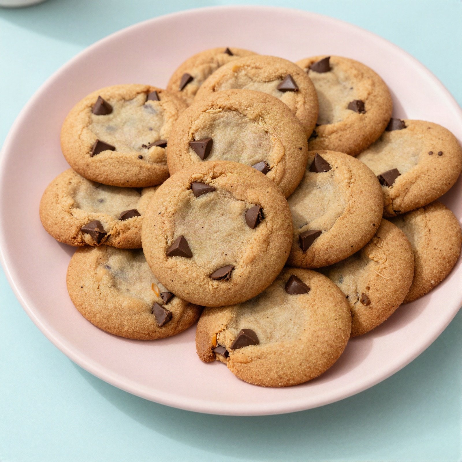 Chocolate chip cookies piled on a pink plate