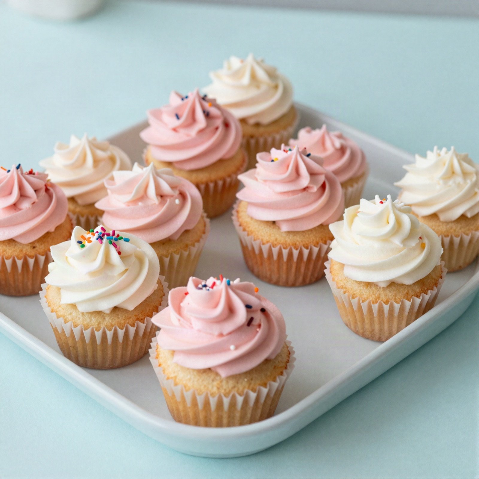 Tray of cupcakes with pink and white swirled frosting