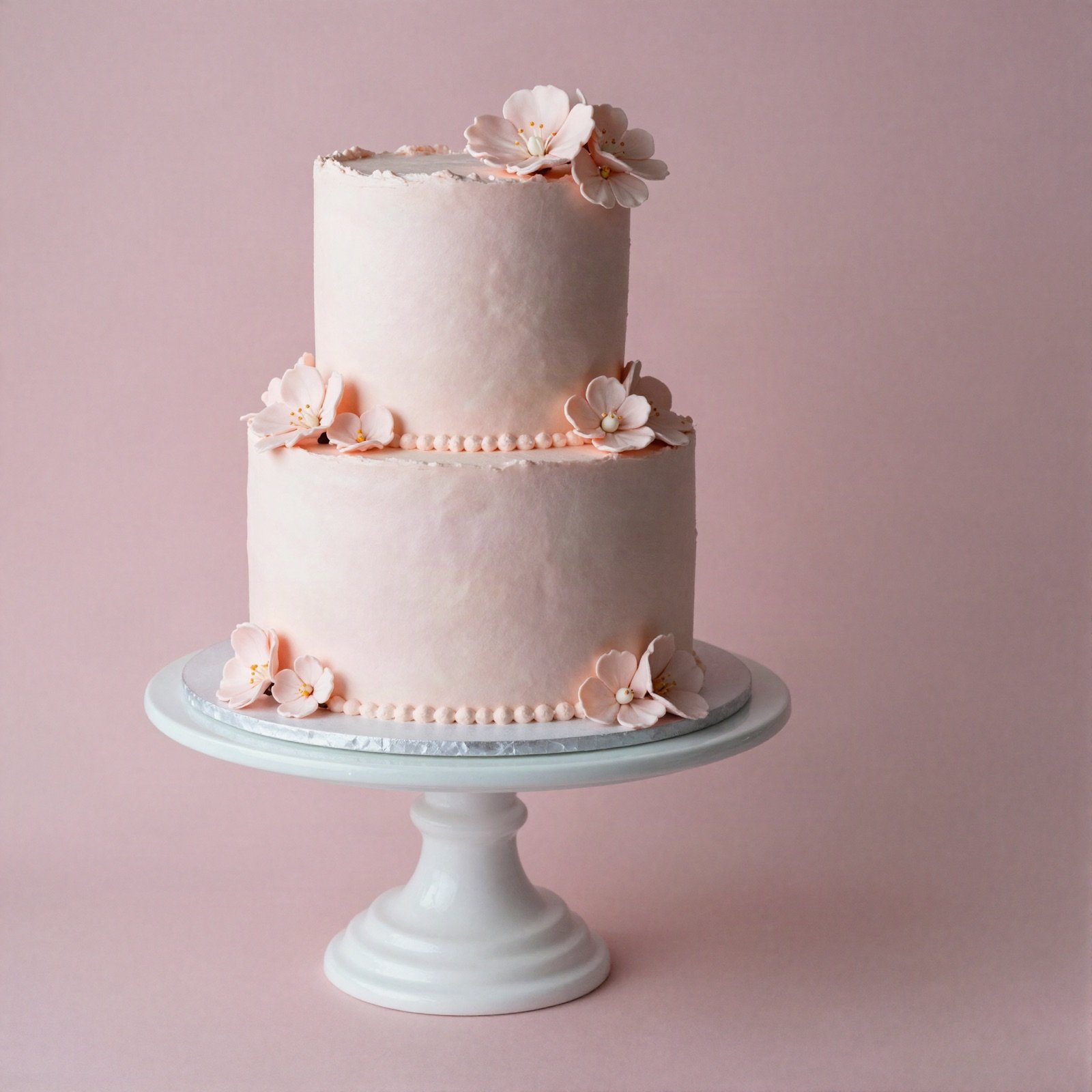 Two-tier pale pink custom cake with sugar flowers