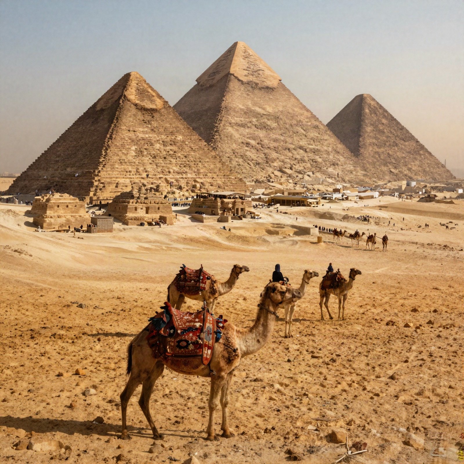 أهرامات الجيزة مع جمال في الصحراء عند الغروب