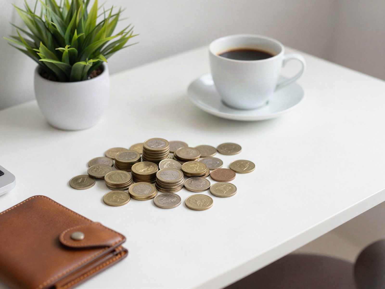 عملات معدنية ومحفظة جلدية ونبتة وقهوة على مكتب أبيض