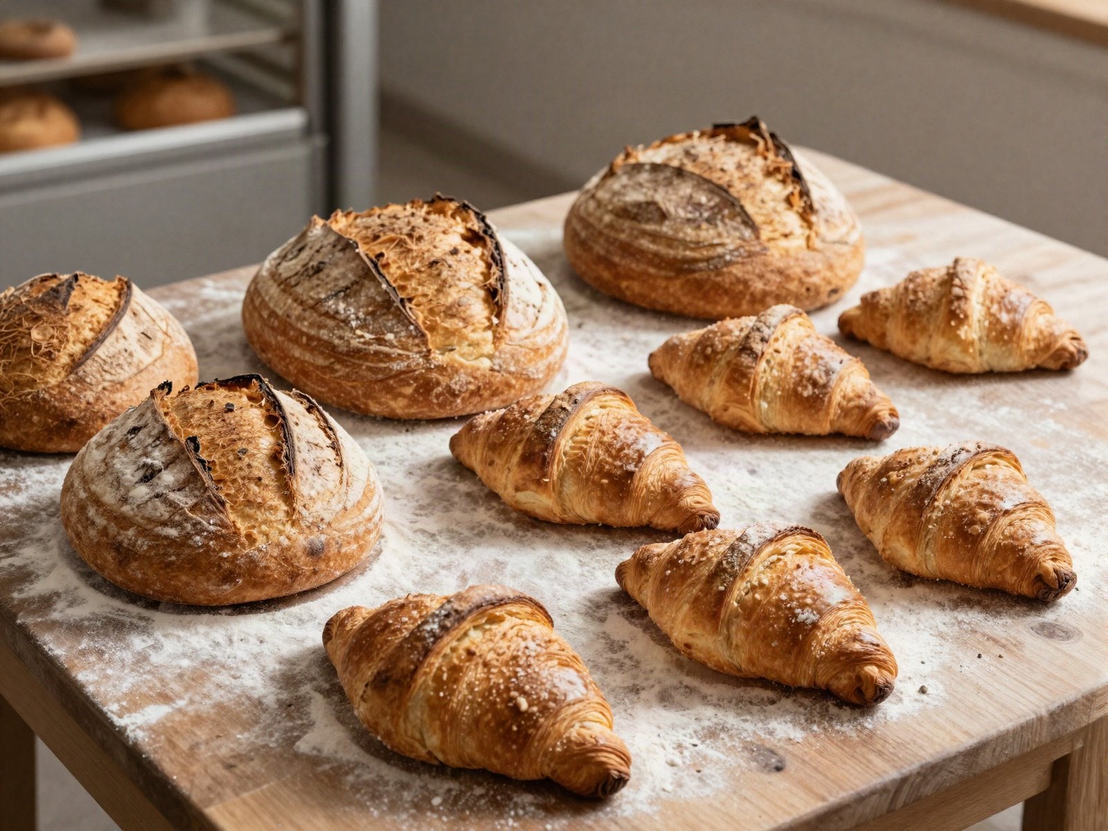 أرغفة خبز العجين المخمر وكرواسون على منضدة مخبز مرشوشة بالدقيق