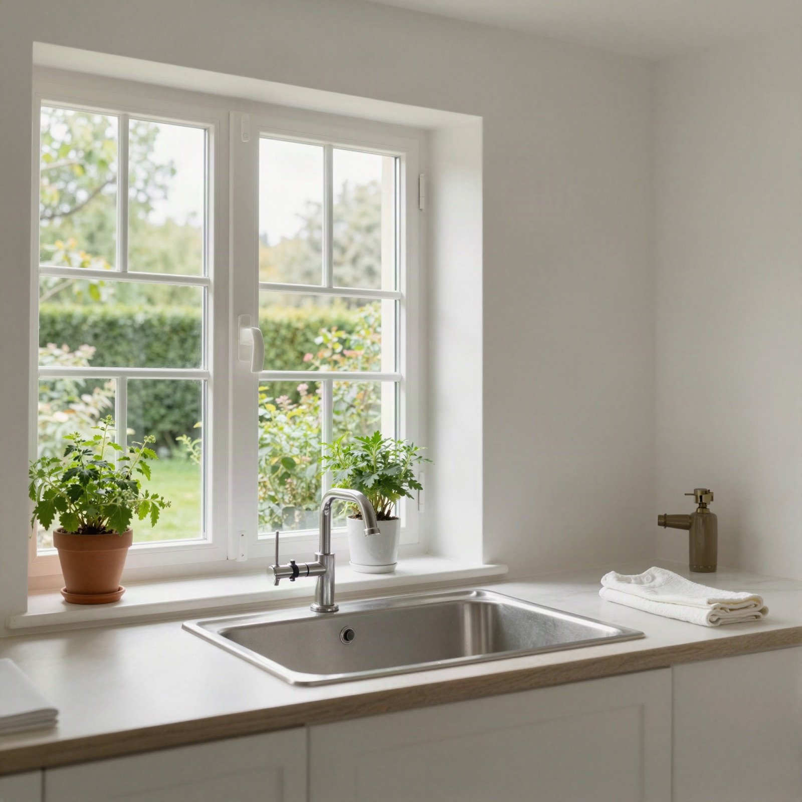 نافذة مطبخ بإطارات بيضاء فوق المغسلة