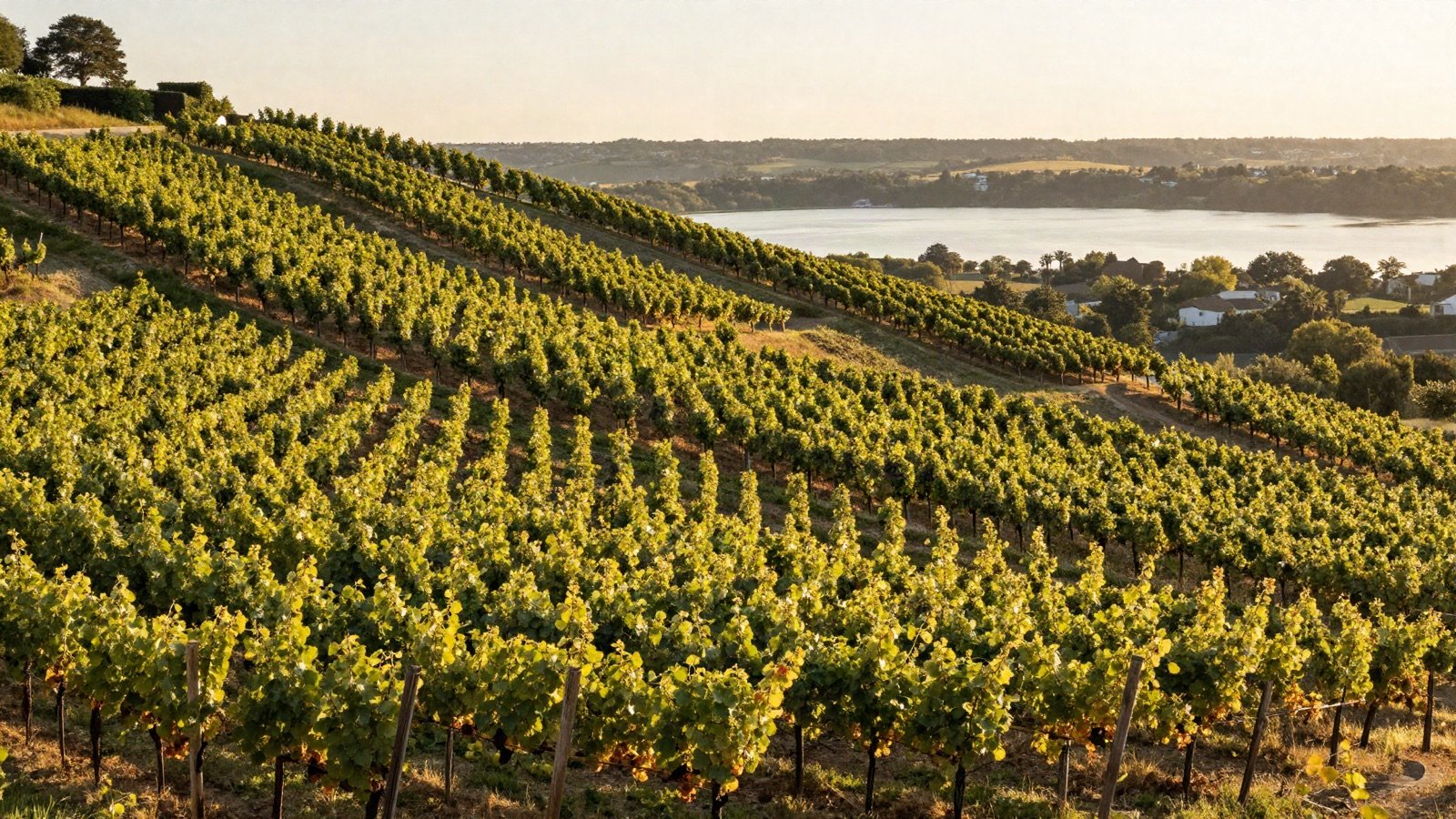 Rolling vineyard hills above the valley at golden hour