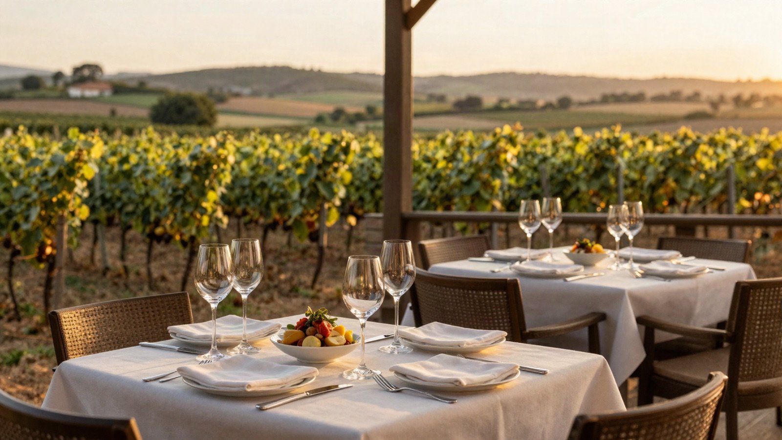 Restaurant terrace tables overlooking the vineyard at sunset