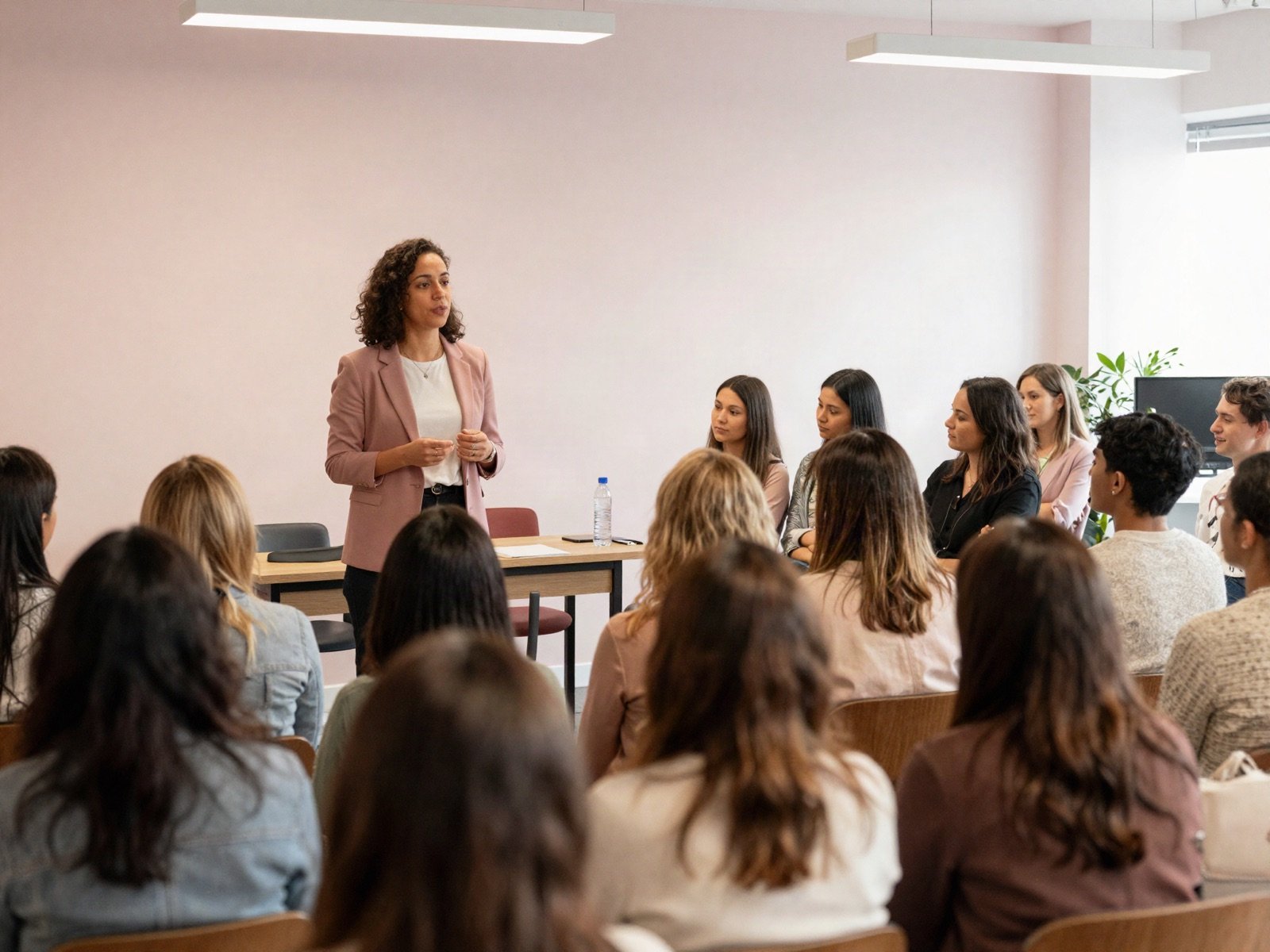 امرأة تتحدث إلى جمهور من النساء في ورشة مجتمعية