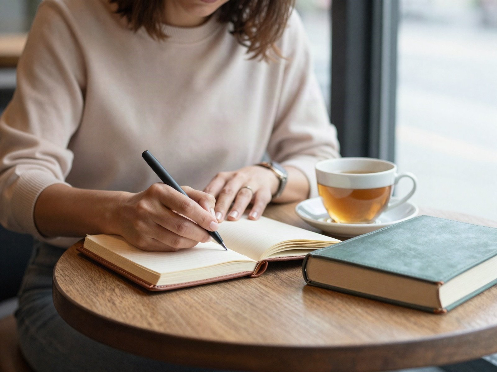 كاتبة تكتب في دفتر إلى طاولة مقهى مع شاي وكتب