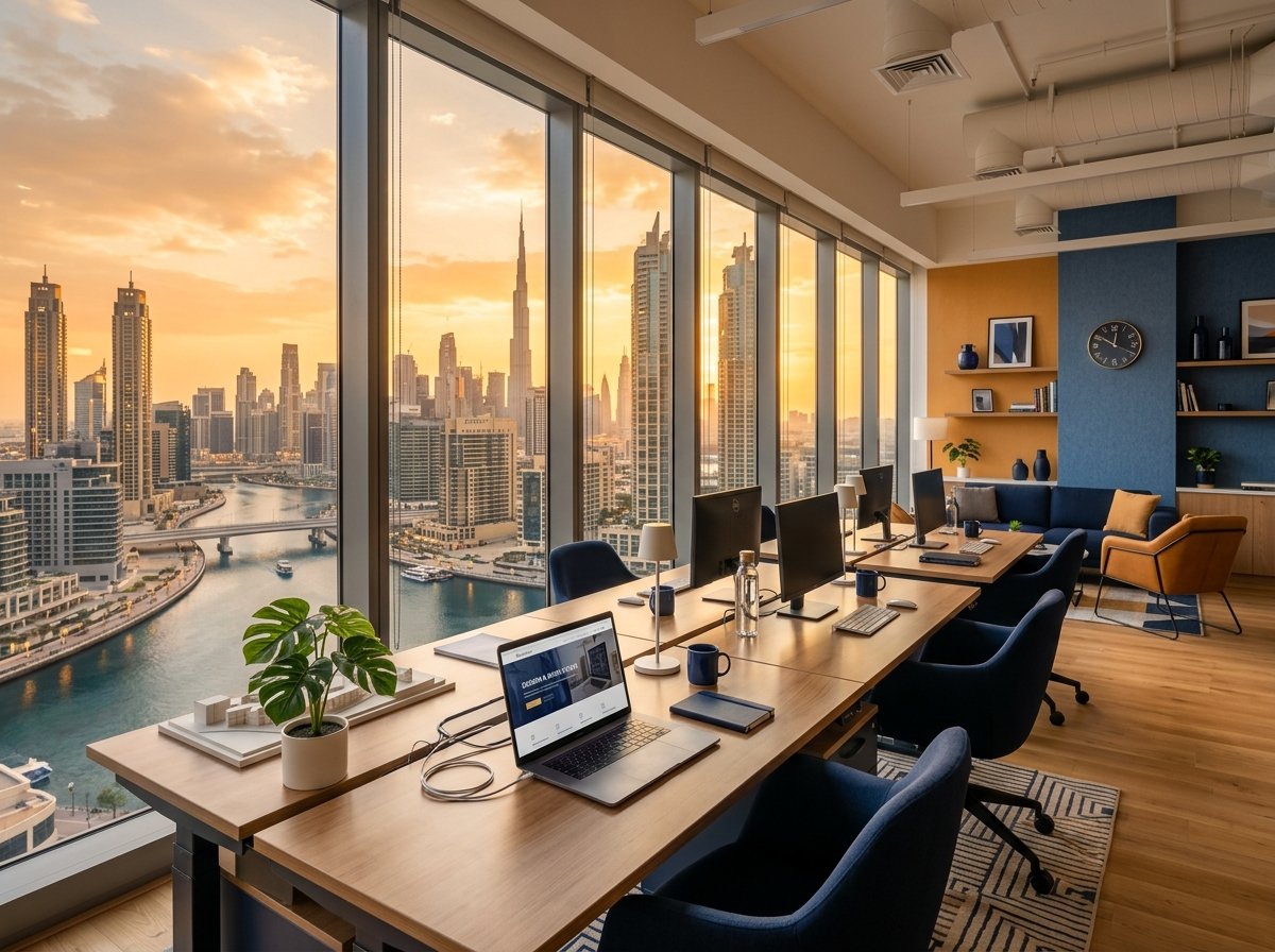 A modern bright office interior in Dubai Business Bay with large windows overlooking skyscrapers and the canal at golden hour, desks with la...