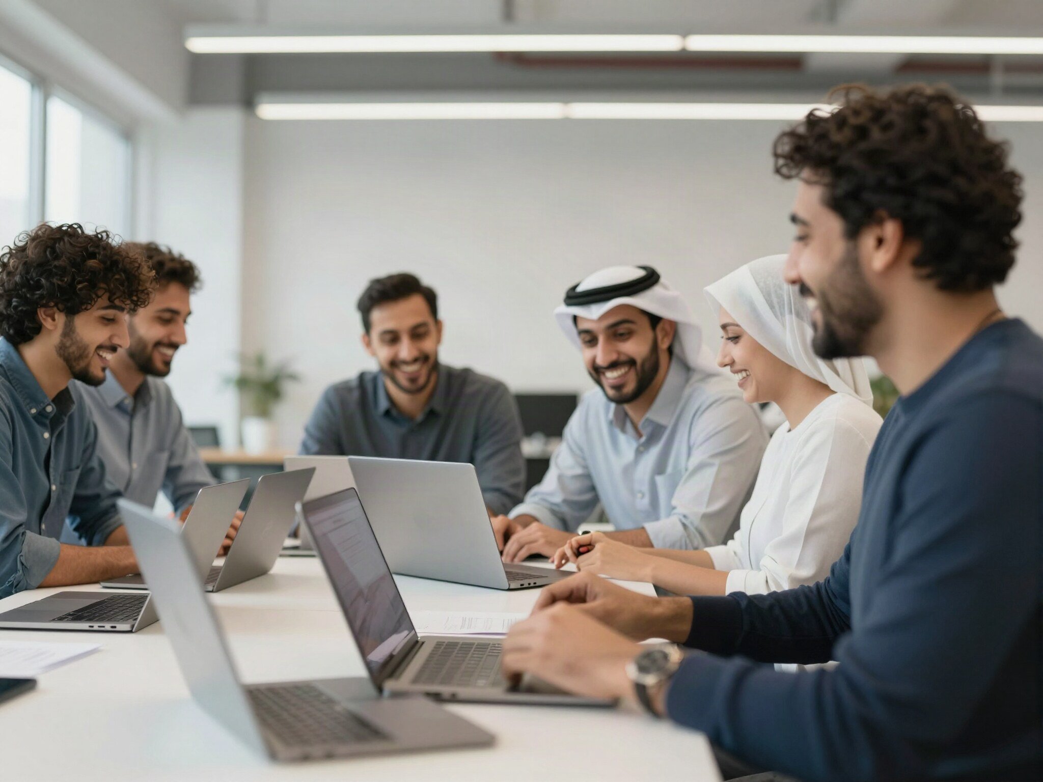 فريق ميديا بلانت يعمل معًا حول الحواسيب المحمولة
