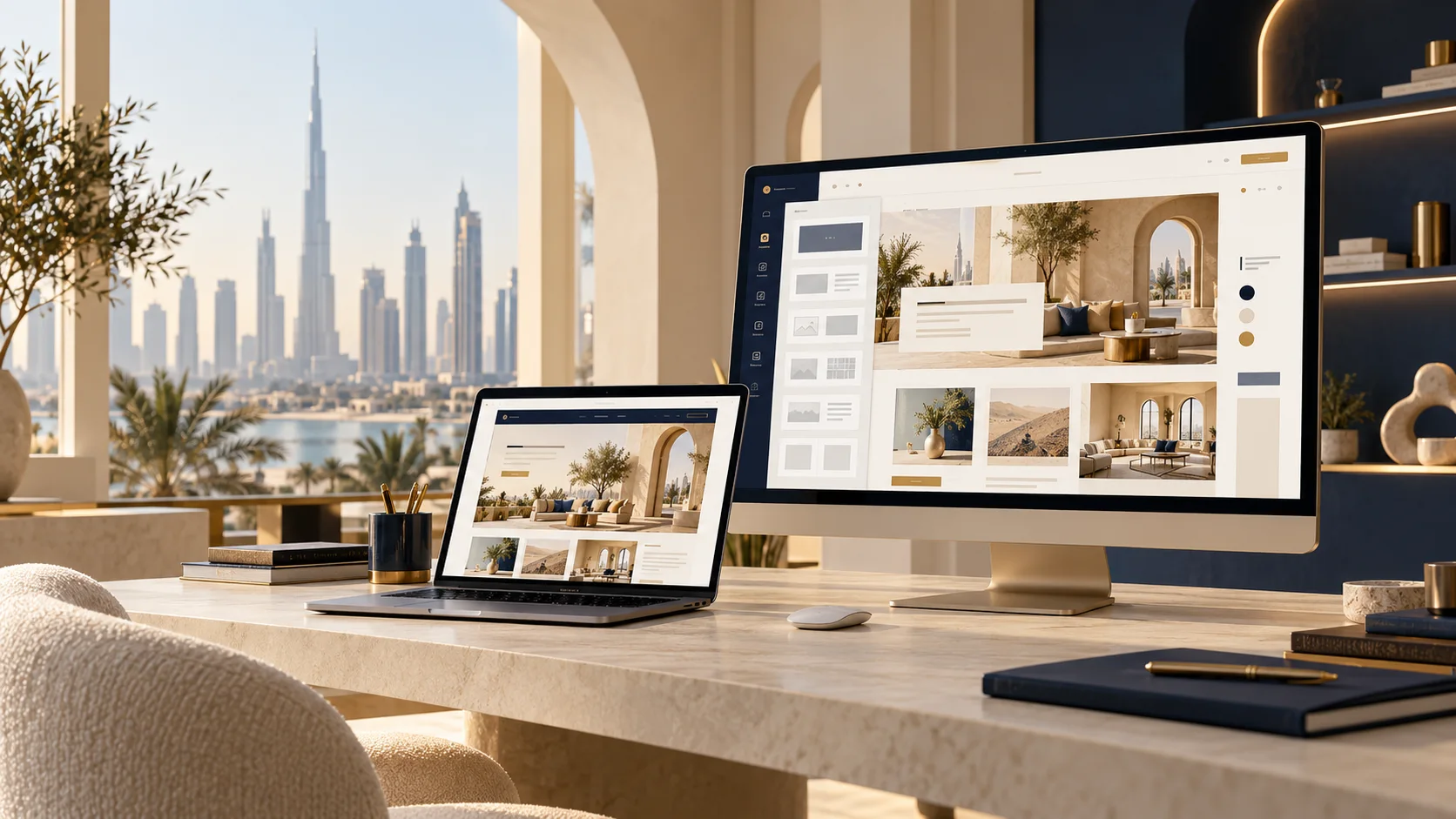 شاشات تعرض عملية تصميم موقع في استوديو بدبي